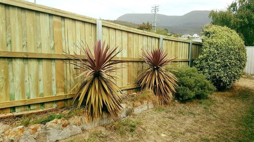 Timber paling fence along a sloping backyard with hills behind