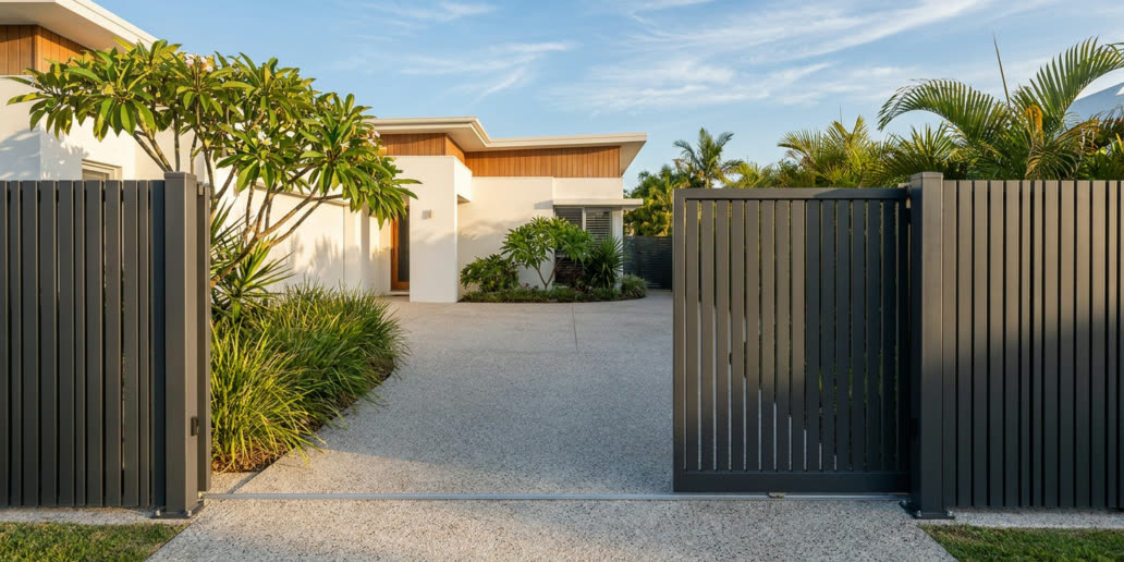 Automatic aluminium slat gates open to a concrete driveway