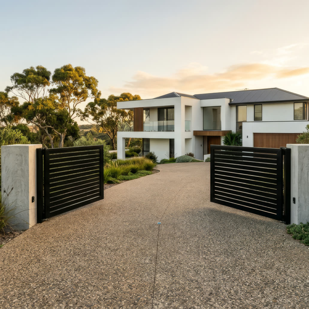 Black horizontal slat automatic double gates open across a driveway