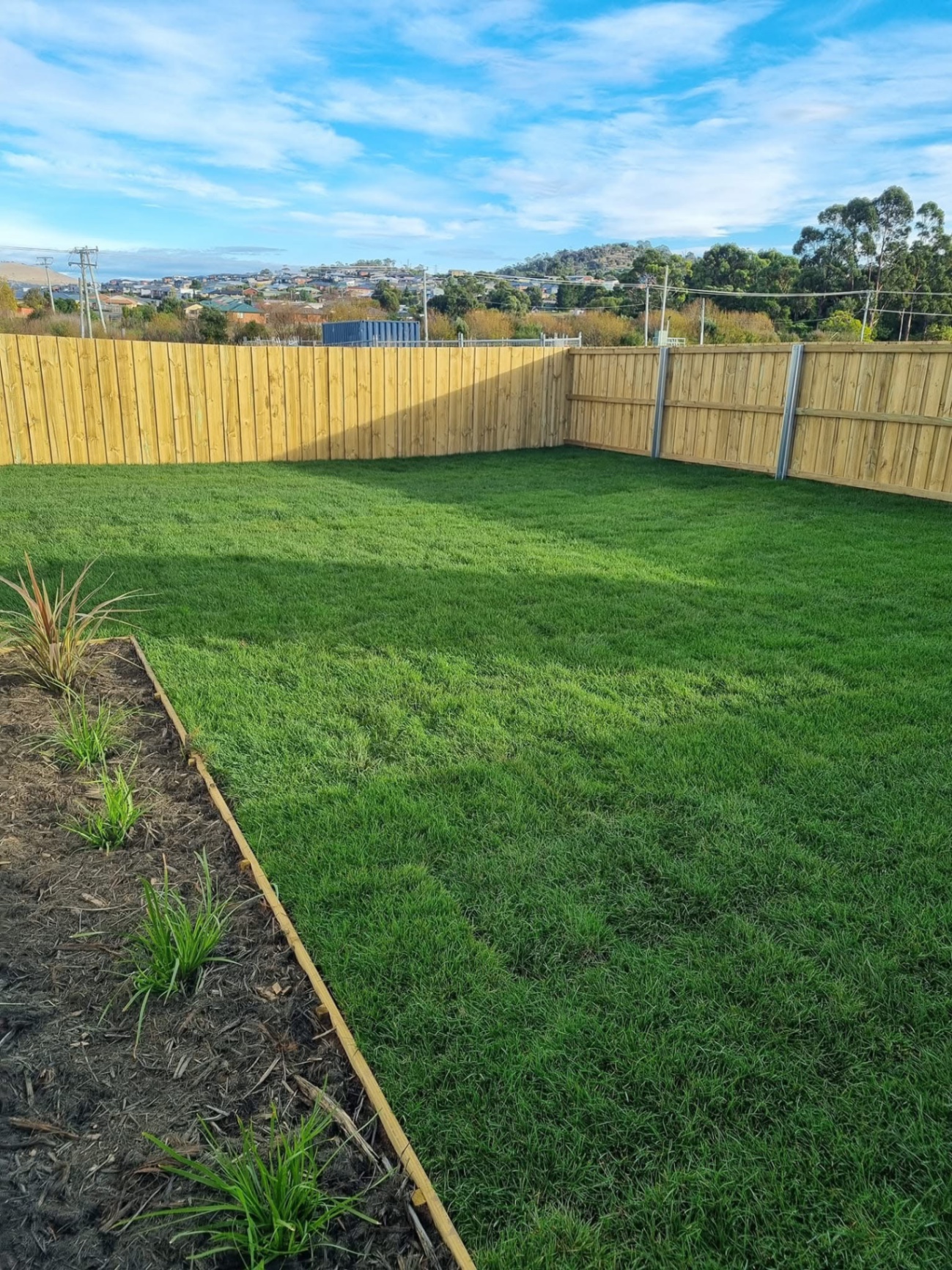 Finished timber paling fence around a freshly turfed Hobart backyard