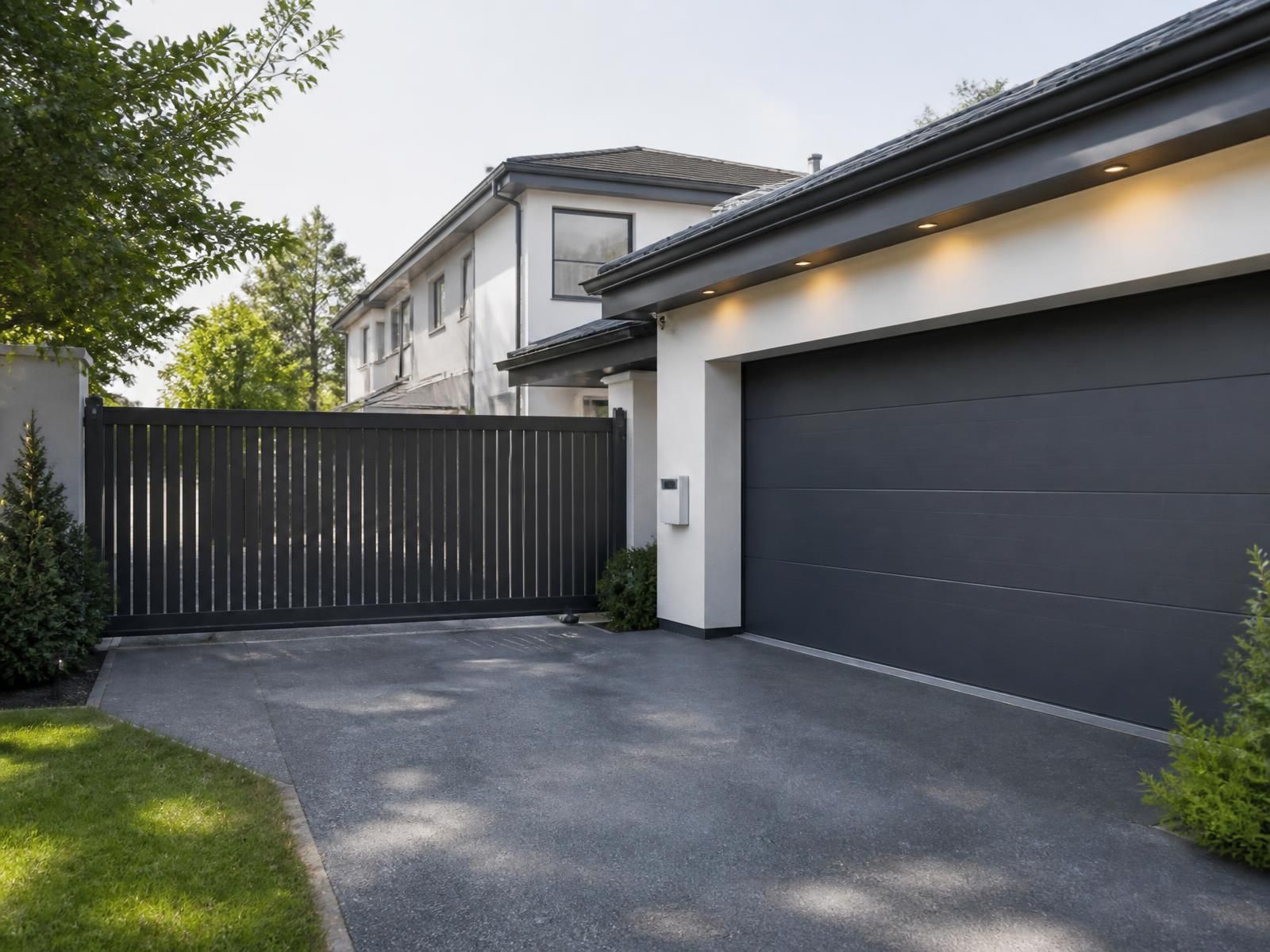 Dark slat automatic driveway gate beside a double garage